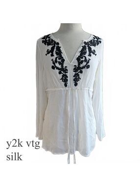 Y2k 100% Silk White Embroidered babydoll Top, I.E. Medium Long Sleeve, sheer